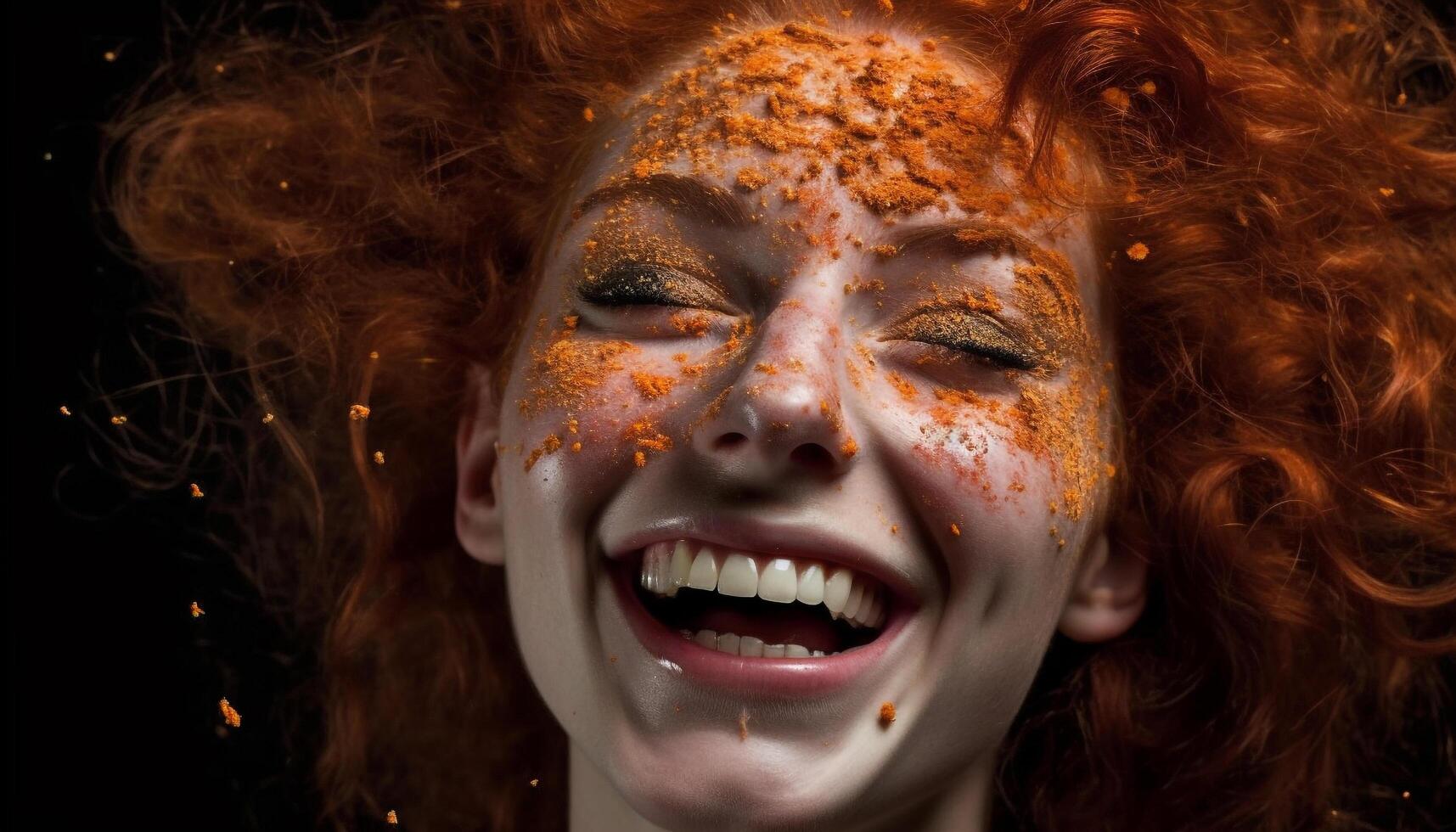 Curly haired beauty enjoys wet night celebration, smiling generated by AI photo