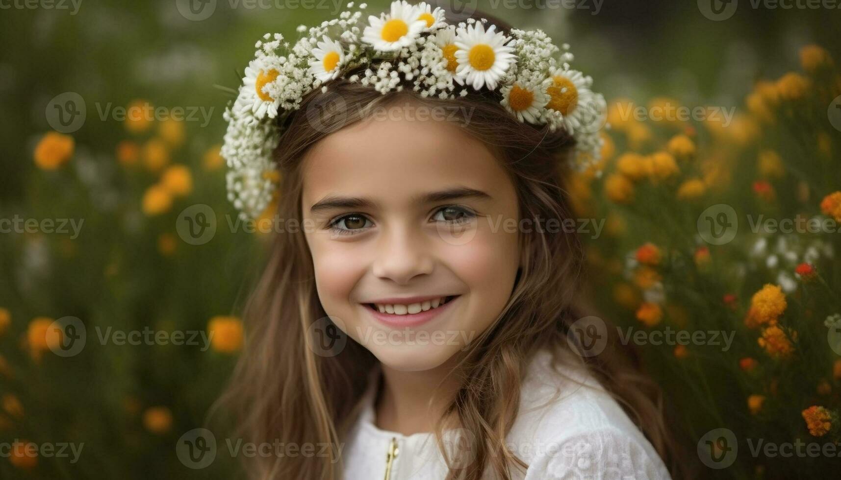 linda caucásico niña sostiene margarita guirnalda, sonriente alegremente generado por ai foto