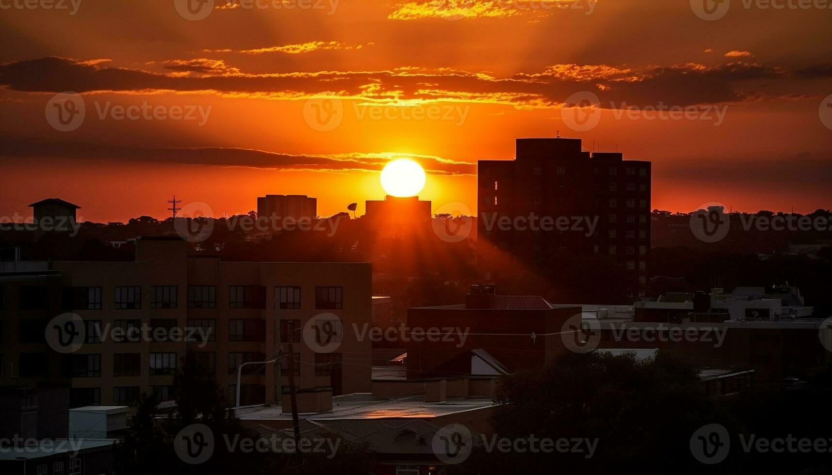 Silhouette skyscrapers backlit by orange dusk sun generated by AI photo