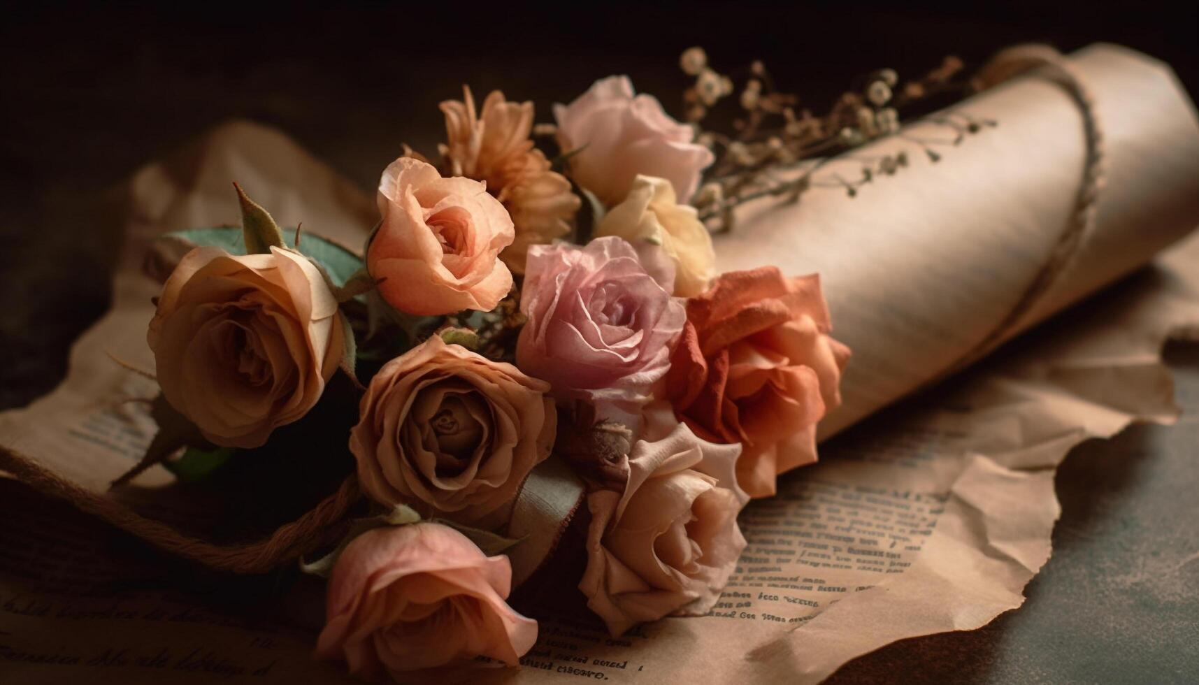 Rustic bouquet on old table, a timeless celebration generated by AI photo