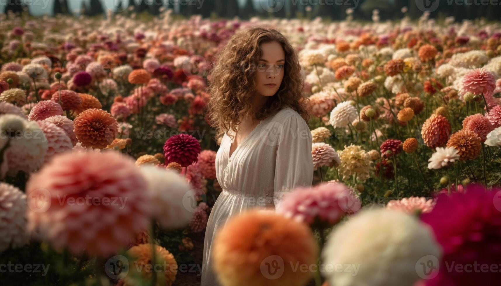 sonriente joven mujer sostiene ramo de flores en prado generado por ai foto