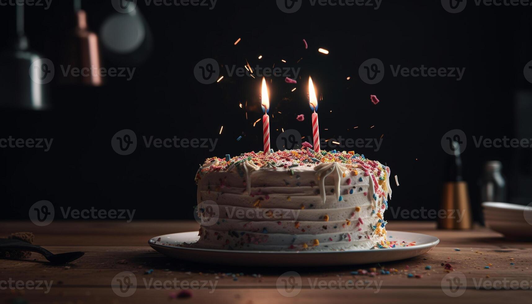 Birthday cake, candles burning, sweet indulgence fun generated by AI photo