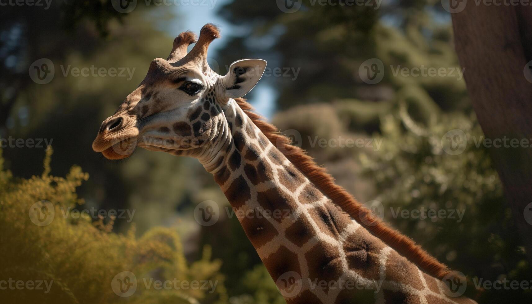 Spotted giraffe standing in African wilderness, beautiful portrait generated by AI photo