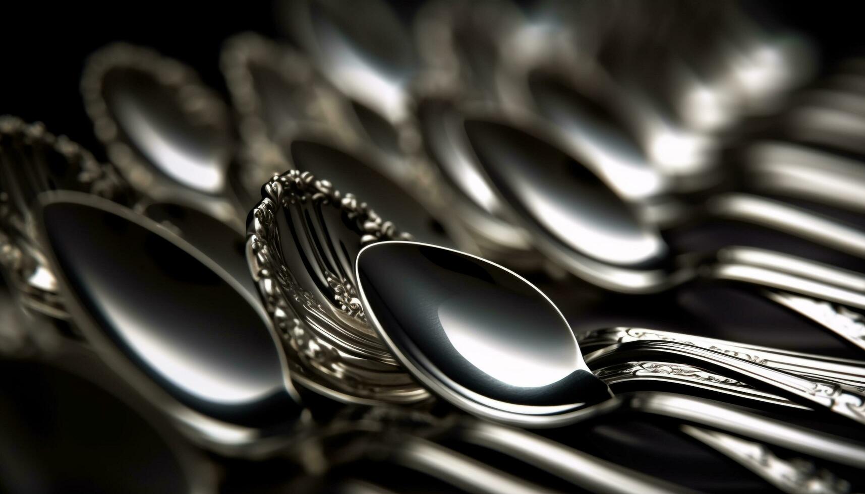 Shiny silverware in a row, selective focus generated by AI photo