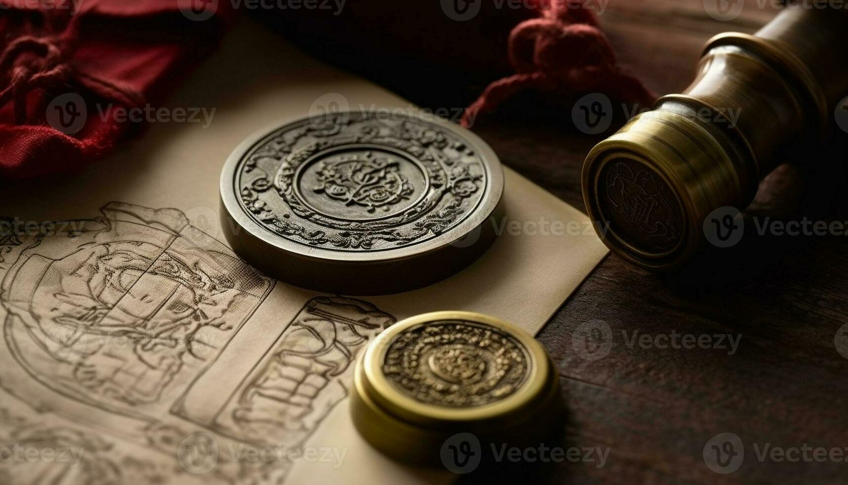 Antique coin on table  Wealth, law, success generated by AI photo