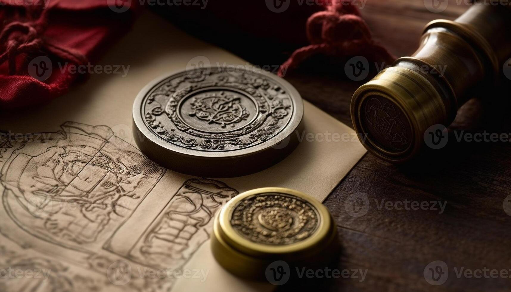 Antique coin on table Wealth, law, success generated by AI photo