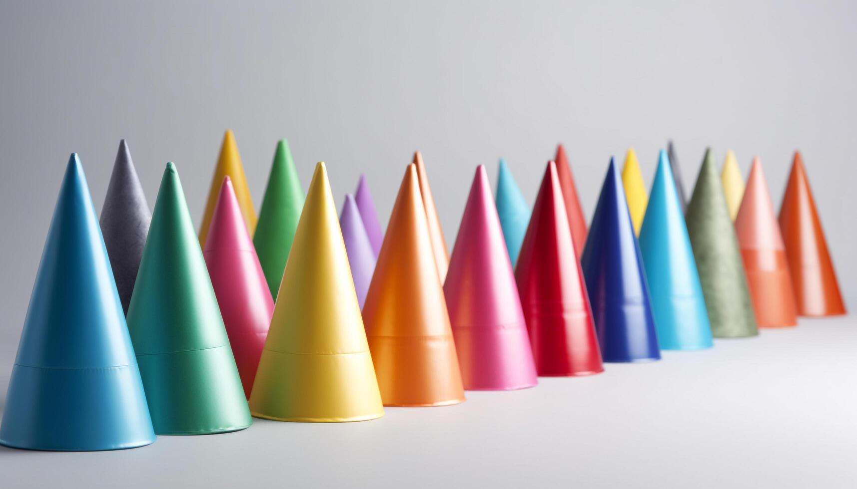 Vibrant plastic cones in row, fun celebration generated by AI photo