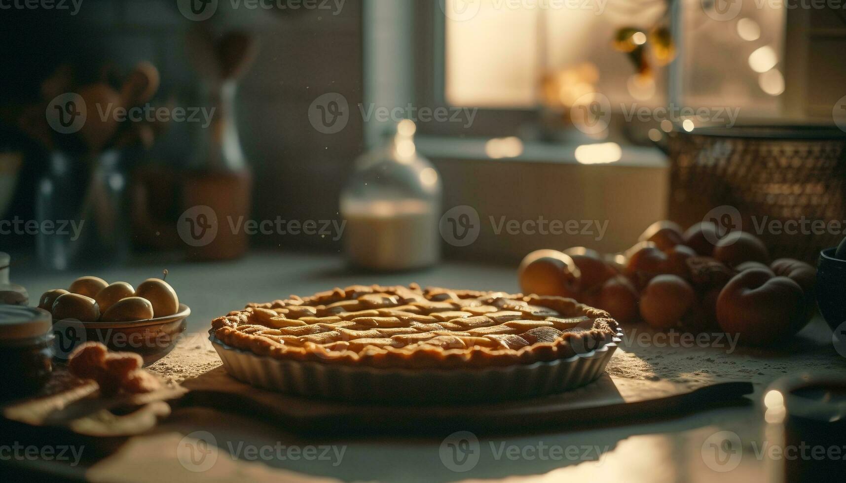 Rustic homemade sweet pie on wooden table generated by AI photo