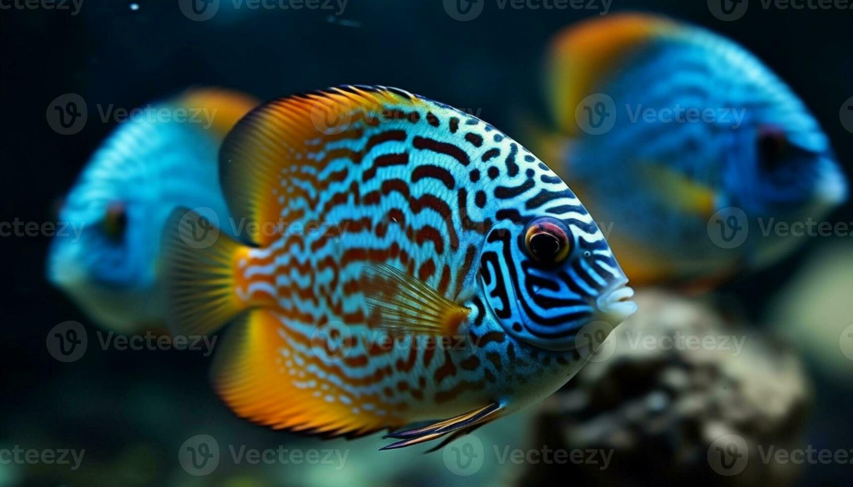 Striped clown fish swims in tropical reef generated by AI photo
