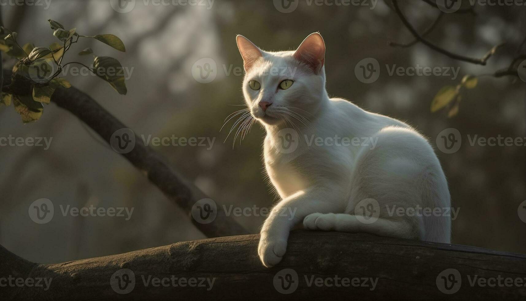 Cute kitten sitting in tree, whiskers alert generated by AI photo