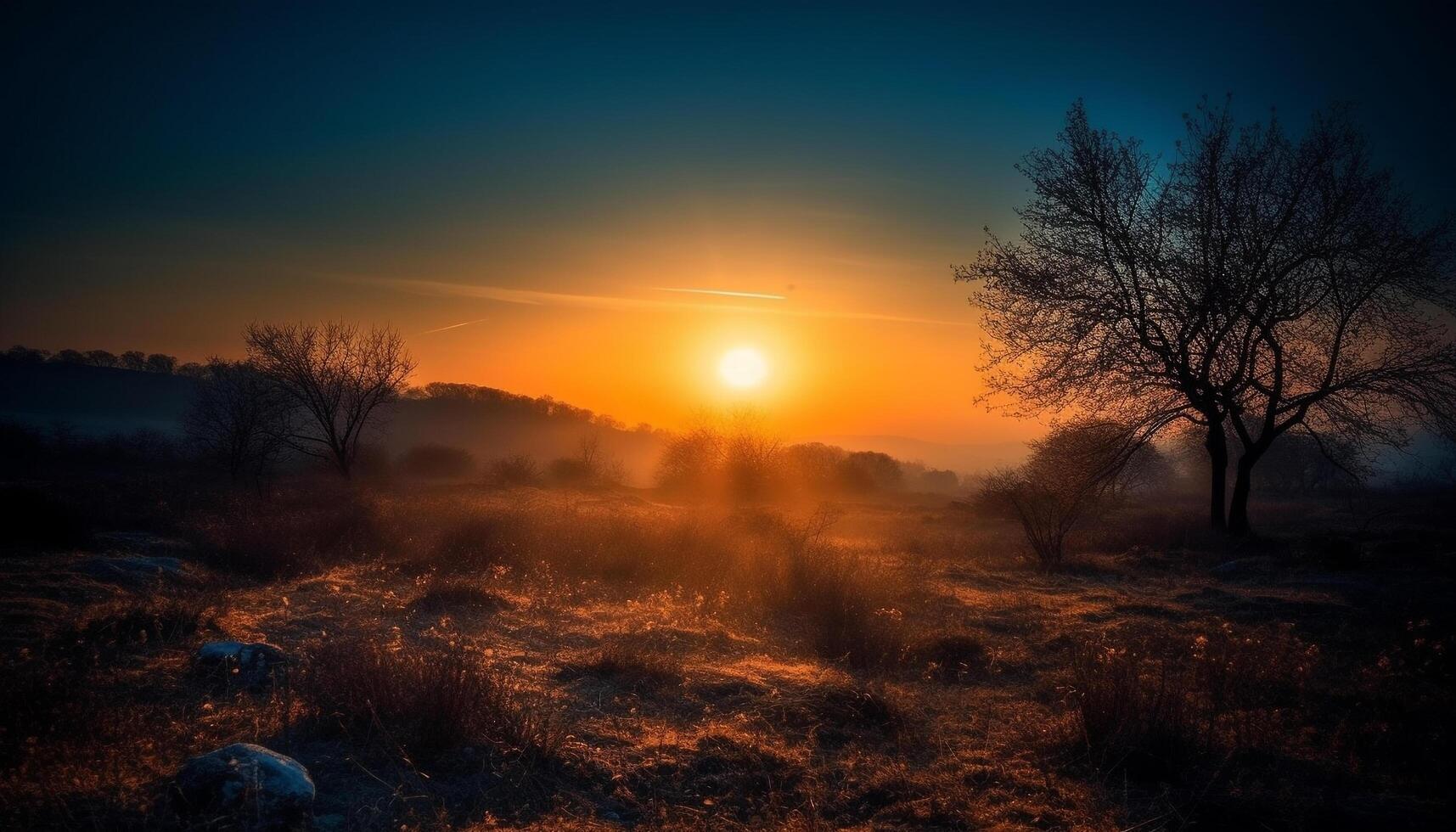 Tranquil scene Sunset over forest, orange sky generated by AI photo