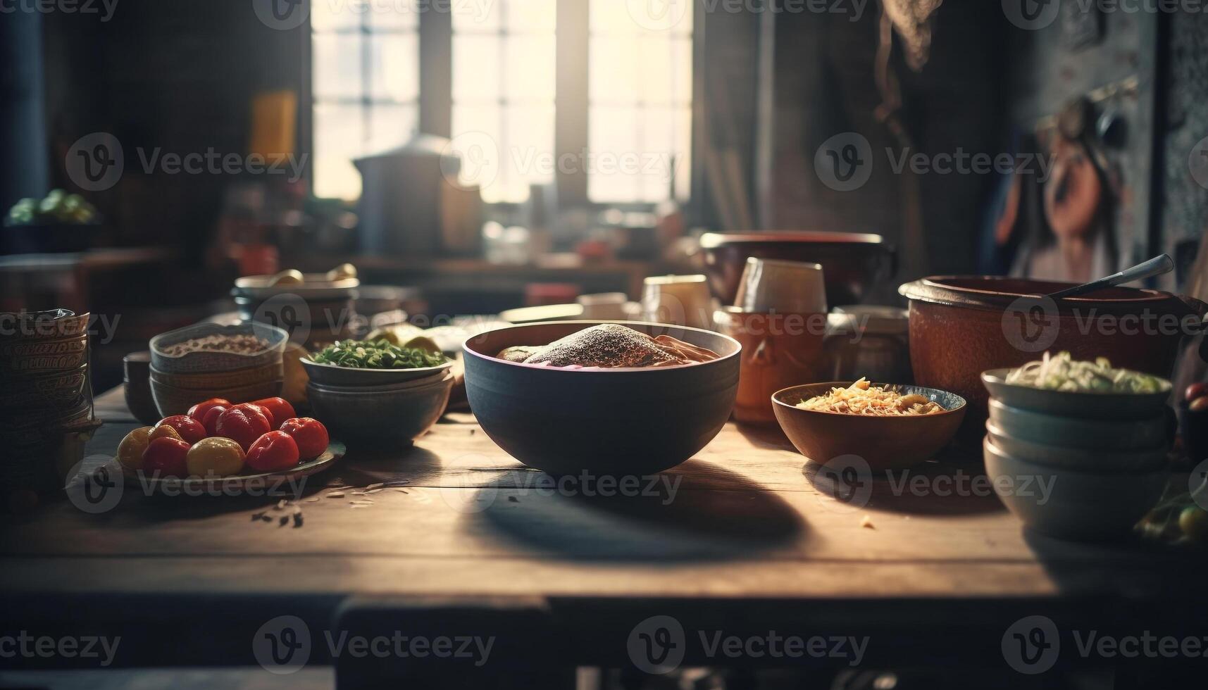 Fresh organic vegetarian meal prepared in rustic domestic kitchen bowl generated by AI photo