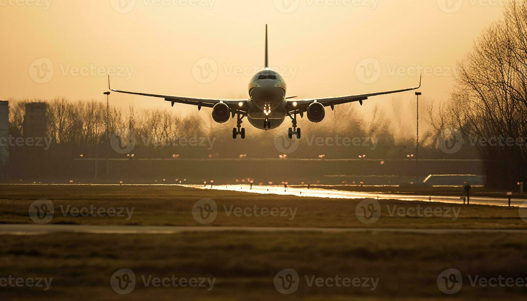 Commercial airplane taking off at dusk, propeller in motion, front view generated by AI photo