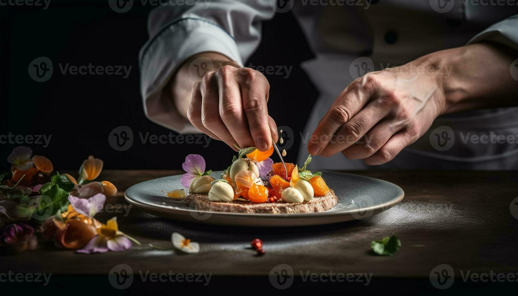 Caucasian chef prepares gourmet meal with fresh organic vegetables indoors generated by AI photo