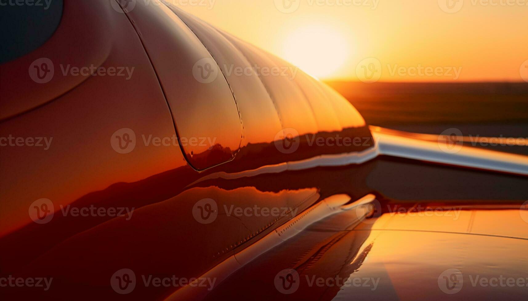 Sunset drive on curved asphalt road, sports car reflects vibrant sky generated by AI photo