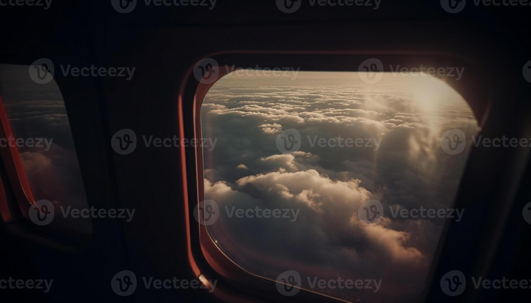 Looking through window, high up in stratosphere, above fluffy clouds generated by AI photo