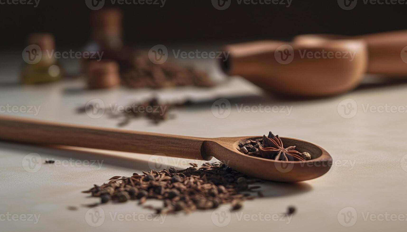 Organic spice heap on wooden table, close up of scented ingredients generated by AI photo