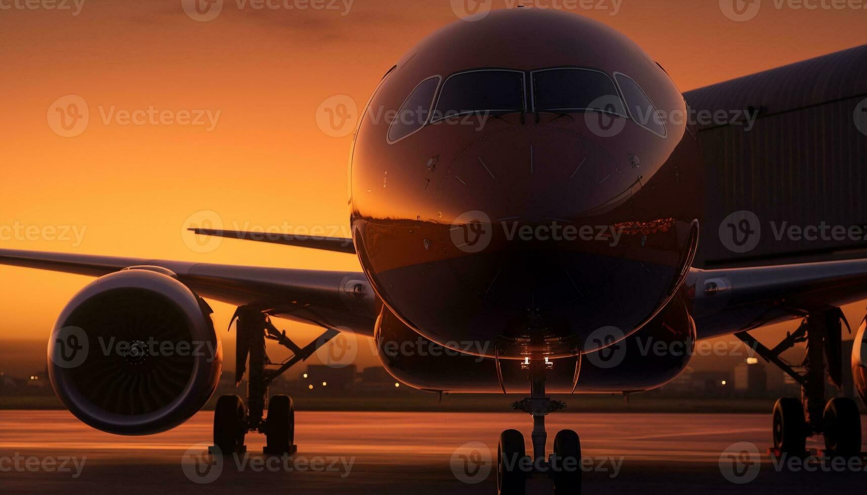 Sunlit cargo airplane taking off at dusk from airport runway generated by AI photo