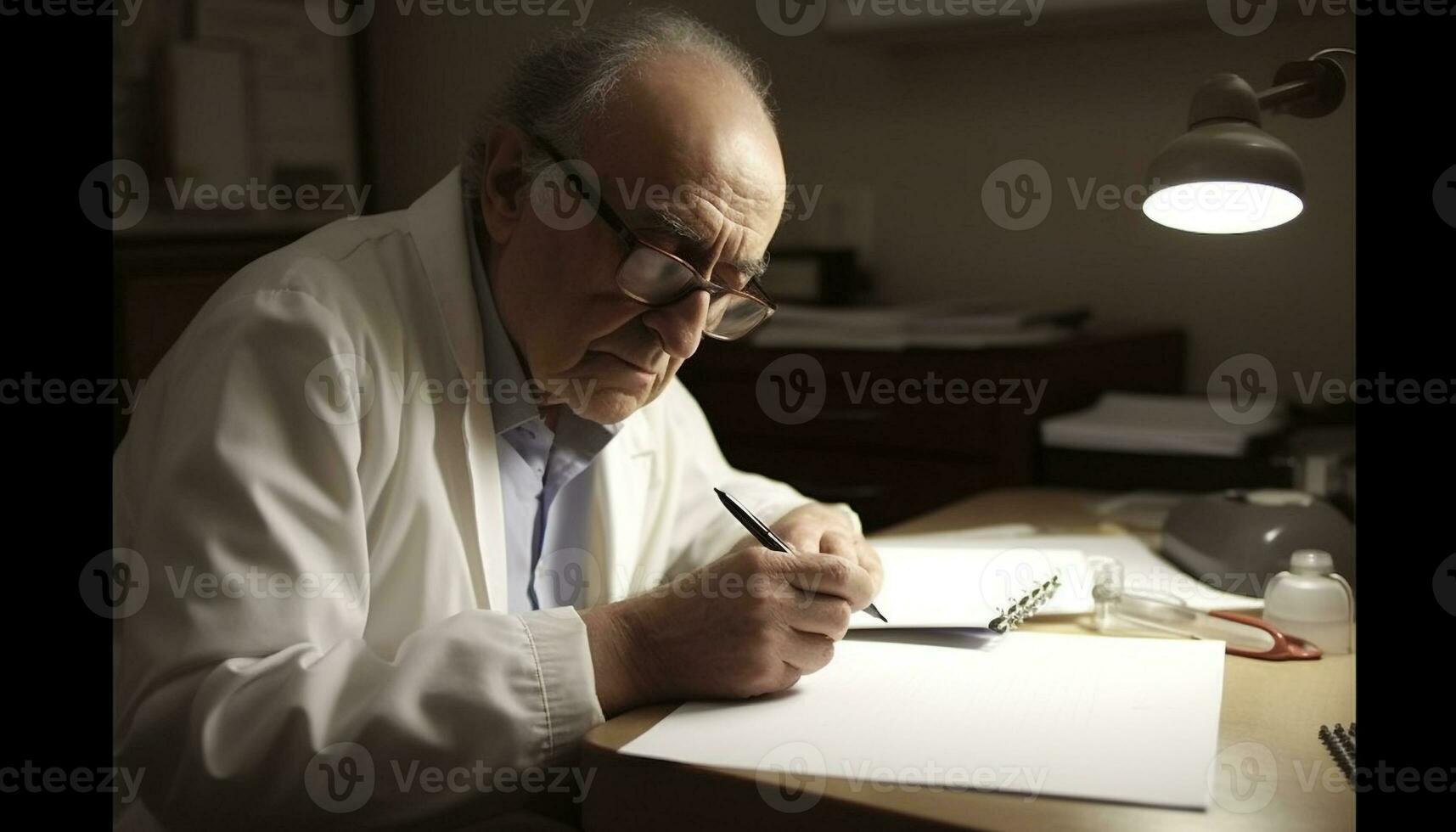 Senior businessman working at desk with pen and paper generated by AI photo