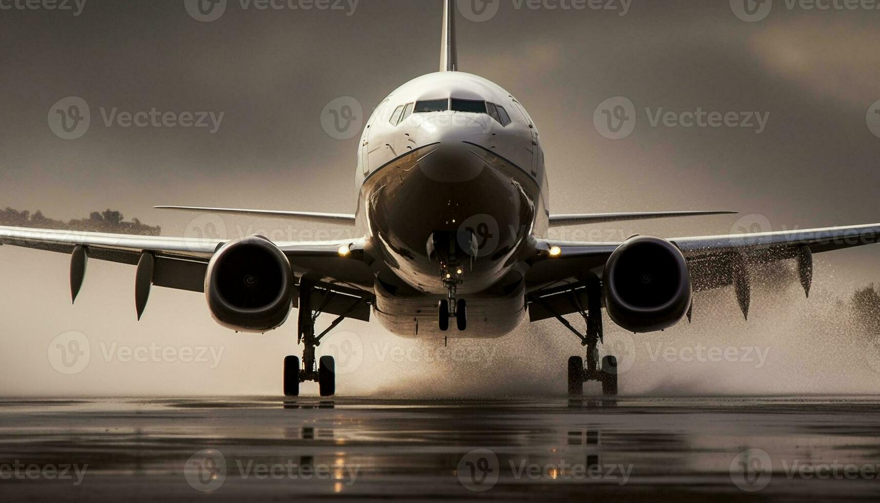 Flying airplane taking off with jet engine, luxury business travel generated by AI photo