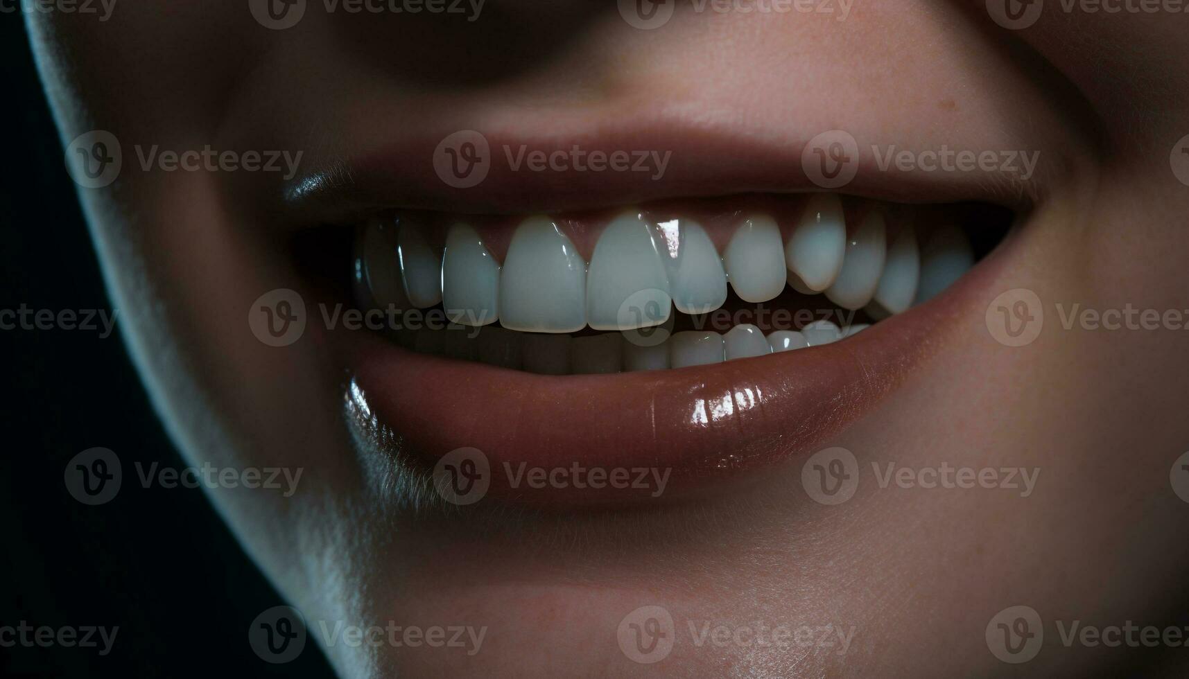 joven mujer con tirantes sonriente, demostración apagado su con dientes sonrisa generado por ai foto