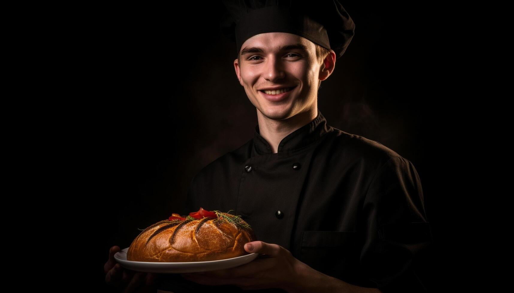 Smiling chef holding gourmet meal, exuding confidence in commercial kitchen generated by AI photo