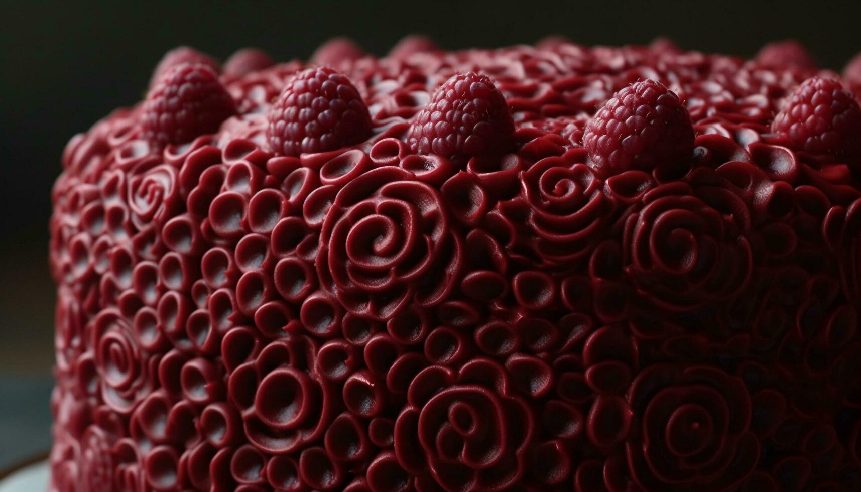 Organic raspberry dessert, a sweet snack with high scale magnification generated by AI photo