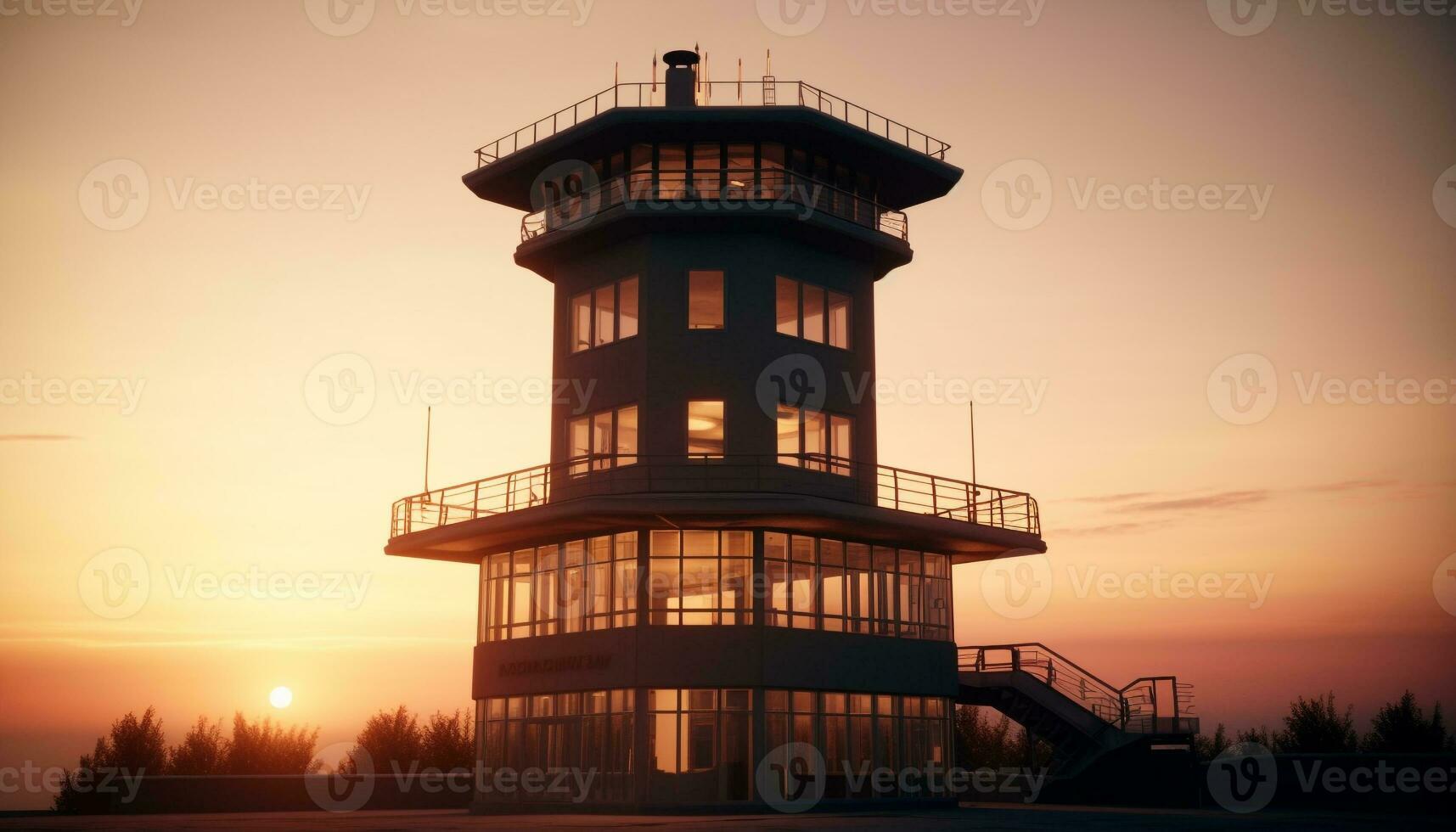 Steel tower illuminates famous coastline, directing air traffic at dusk generated by AI photo