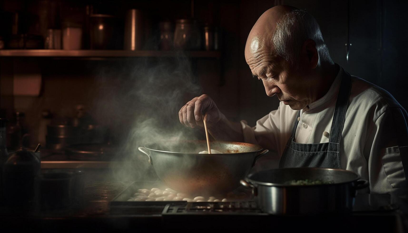 One mature man cooking in a dark kitchen with flame generated by AI photo