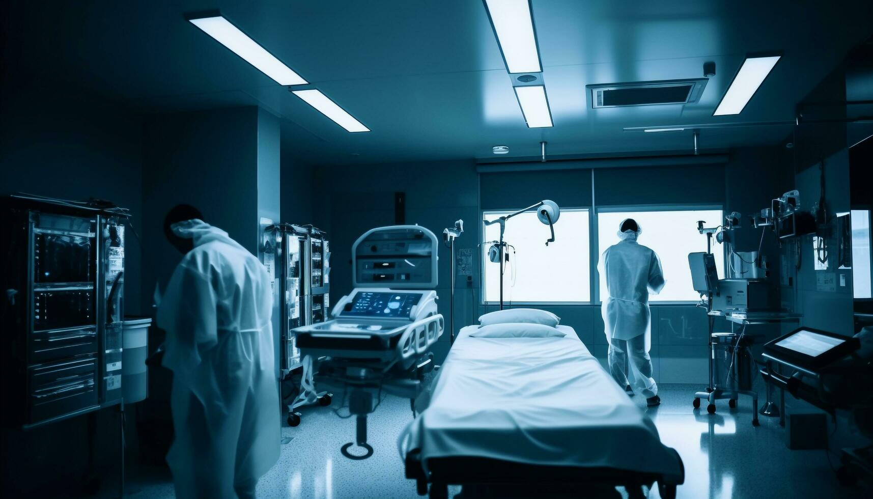 Surgeon standing in illuminated operating room with patient on stretcher generated by AI photo