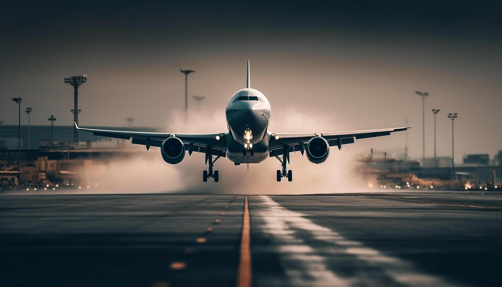 Commercial airplane taking off at dusk, propeller spinning, passengers departing generated by AI photo