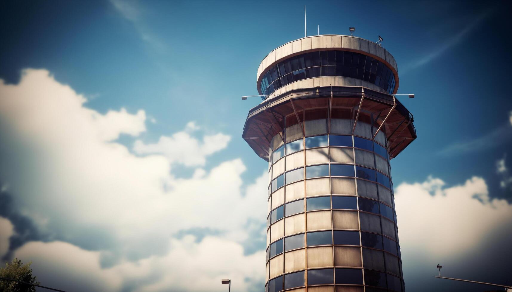 Modern architecture built structure reflects in airplane window during travel generated by AI photo