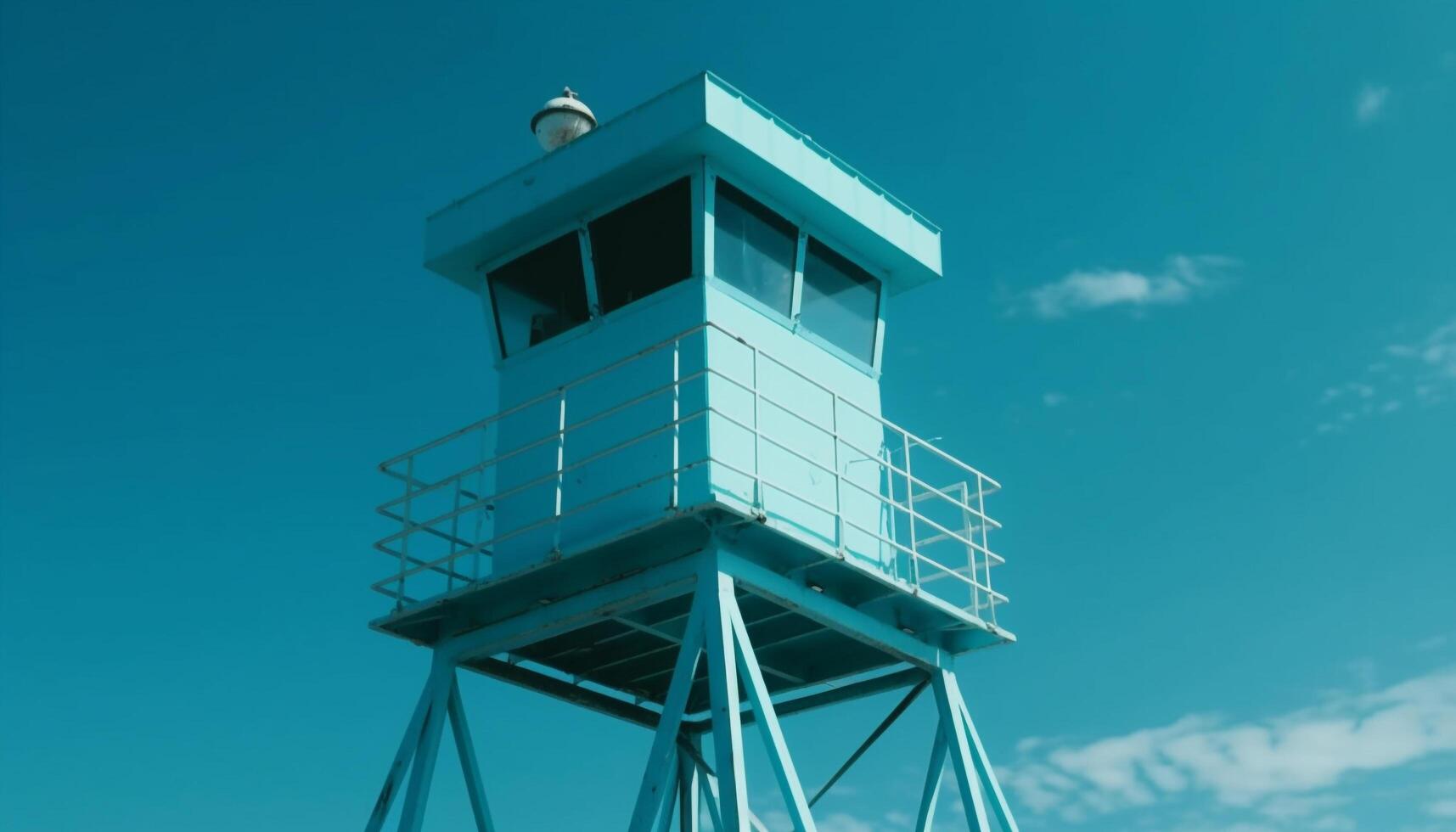 moderno aire tráfico controlar torre pasa por alto brillante azul línea costera paisaje generado por ai foto