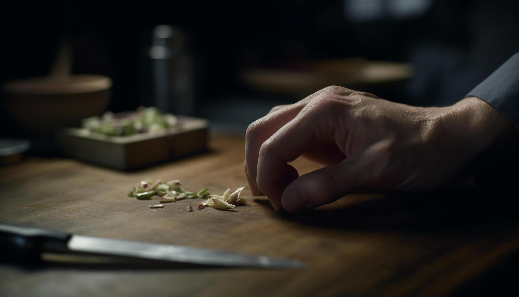 Carpenter hand holding sharp tool, cutting wood plank indoors generated by AI photo