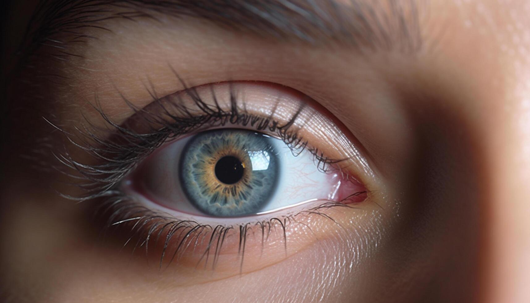 Caucasian woman blue eye staring, macro view of iris and eyelash generated by AI photo