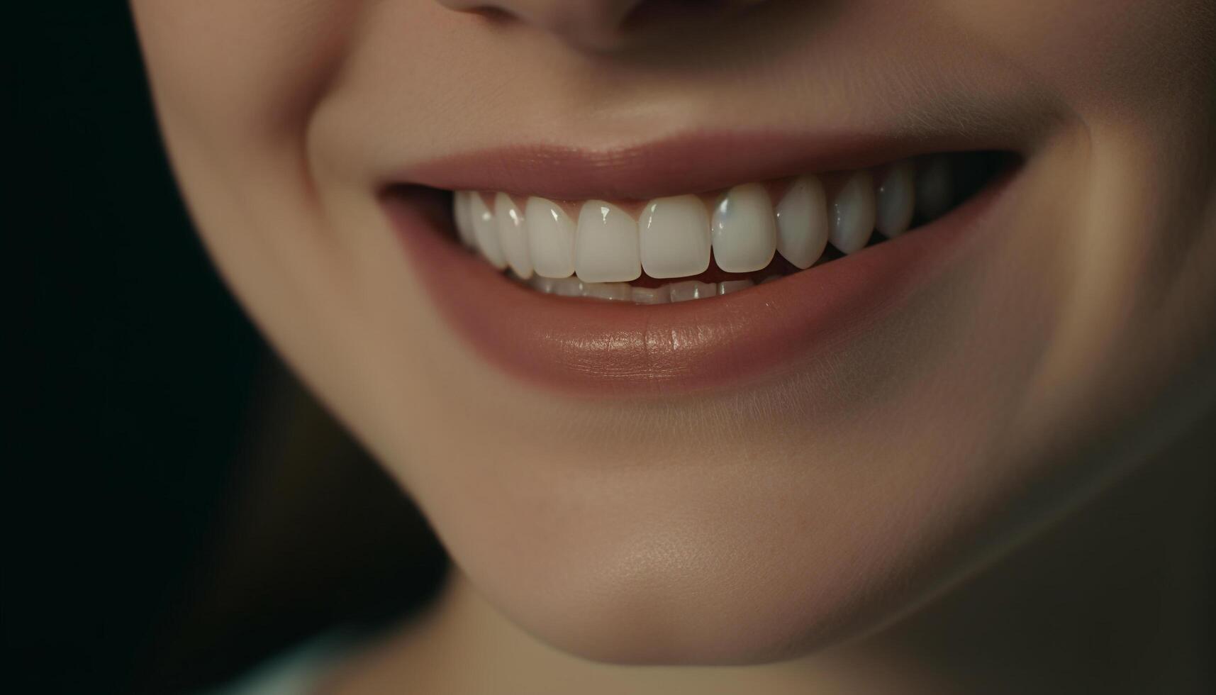 Caucasian woman smiling with a toothy smile, showing dental health generated by AI photo