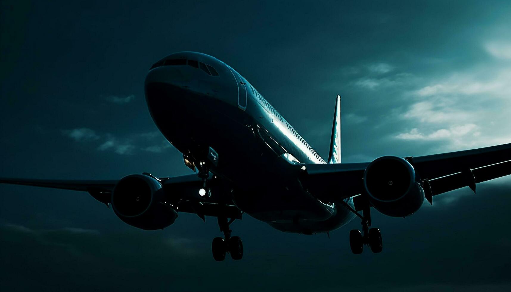silueta de azul comercial avión tomando apagado a oscuridad cielo generado por ai foto