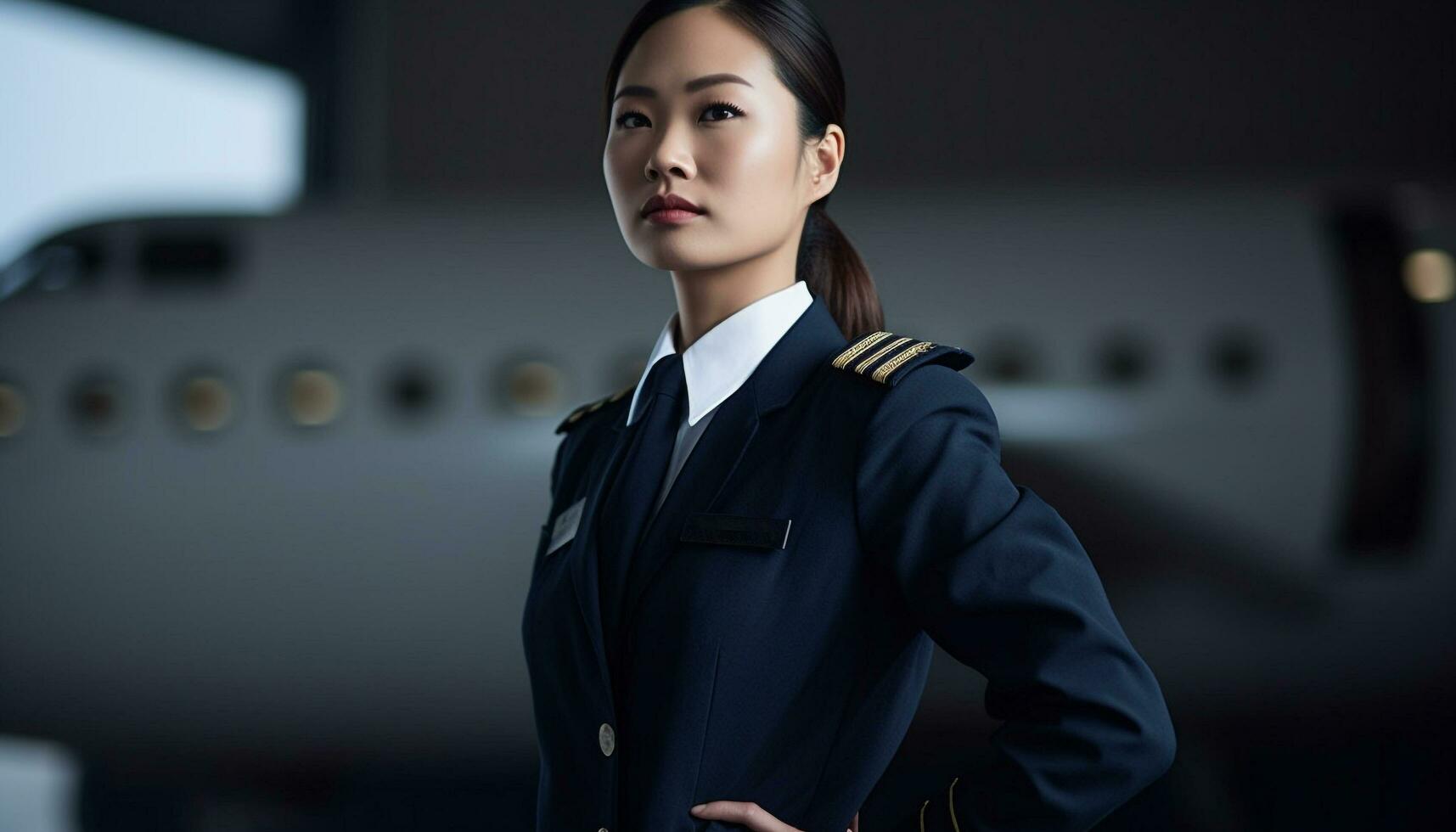 confidente joven mujer de negocios en uniforme en pie en frente de avión generado por ai foto