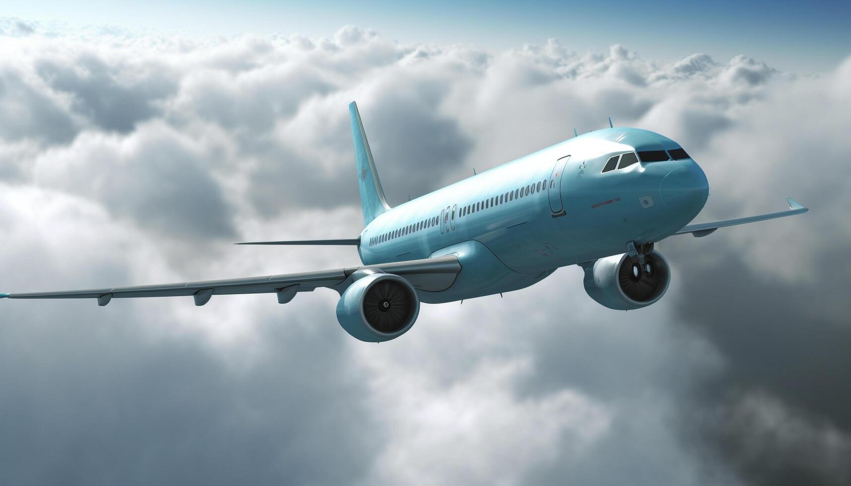 Blue commercial airplane flying mid air, taking off for business travel generated by AI photo