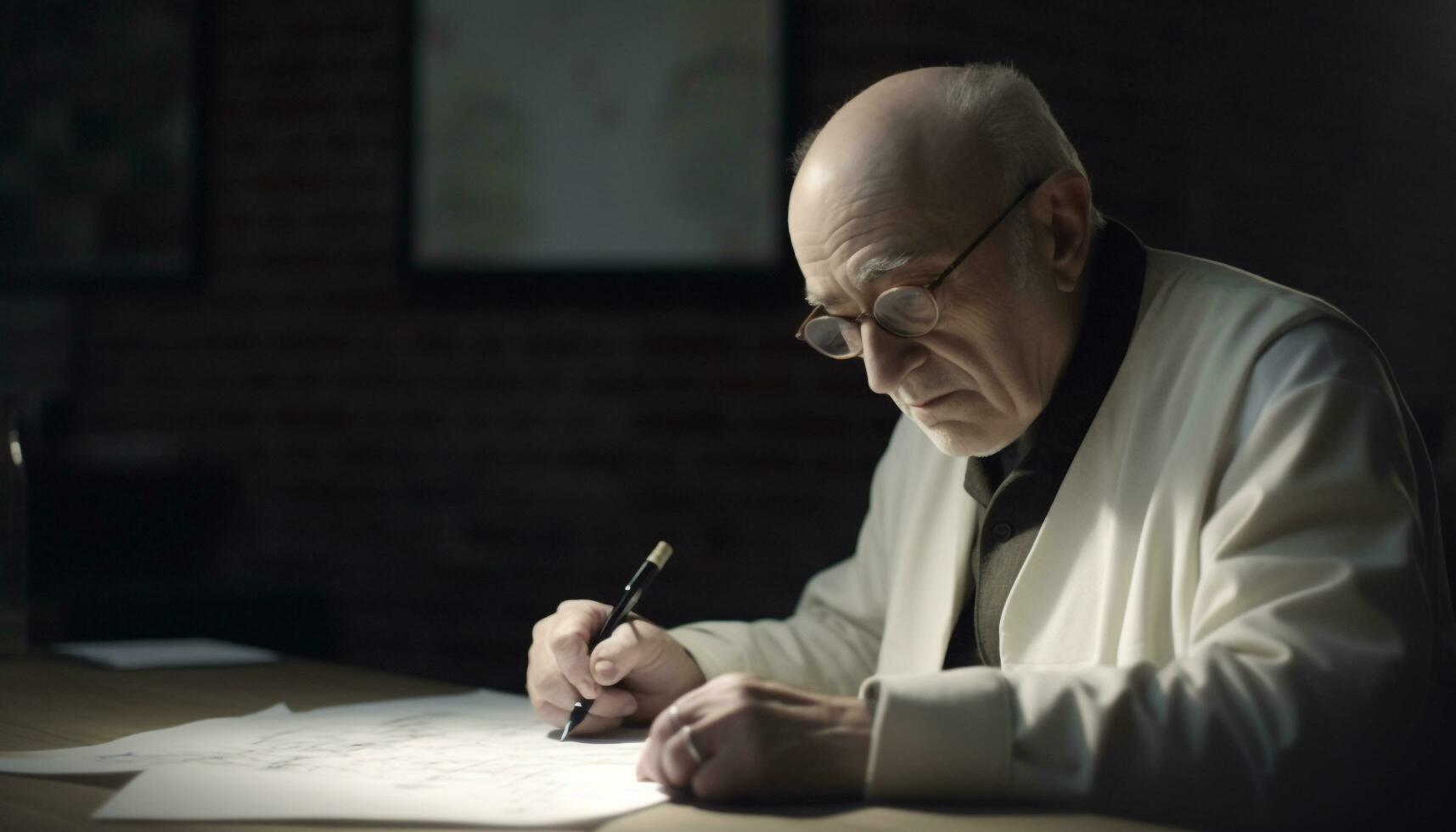 Senior businessman concentrating on blueprint at desk in office generated by AI photo