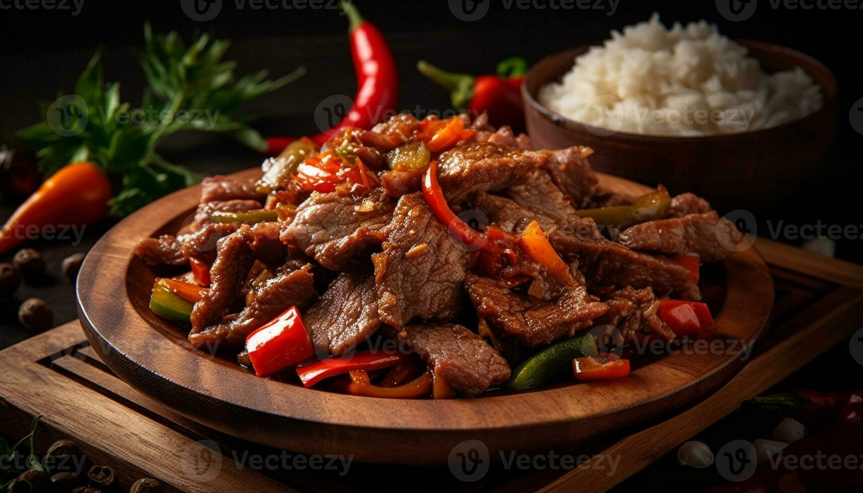 Grilled steak with fresh vegetables, homemade sauce, and rustic crockery generated by AI photo