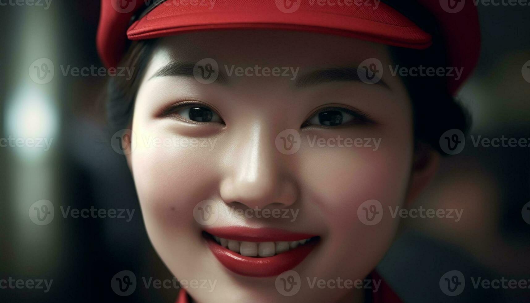 One young woman, smiling with confidence, looking outdoors, close up generated by AI photo