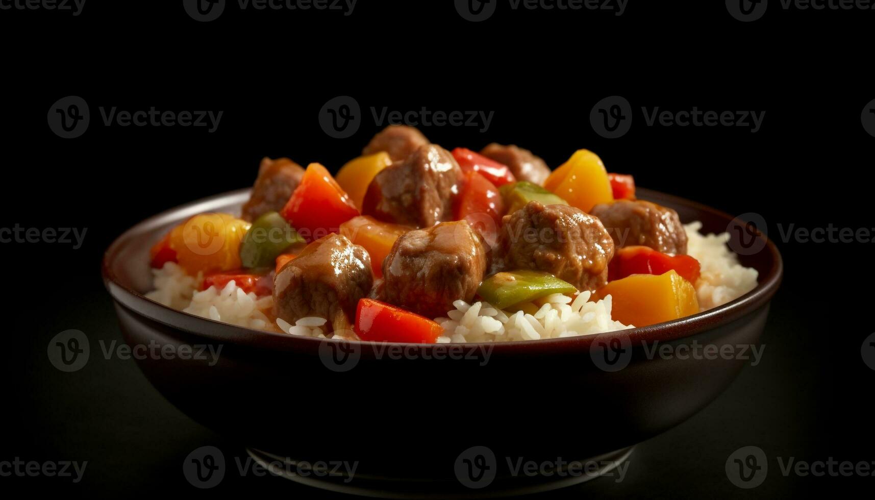 Fresco gastrónomo comida con A la parrilla cerdo, al vapor arroz, y vegetales generado por ai foto