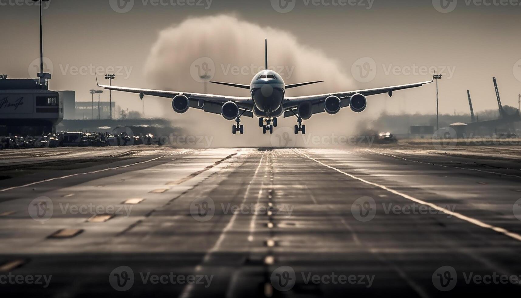 Large commercial airplane taking off at dusk, illuminated by sunlight generated by AI photo