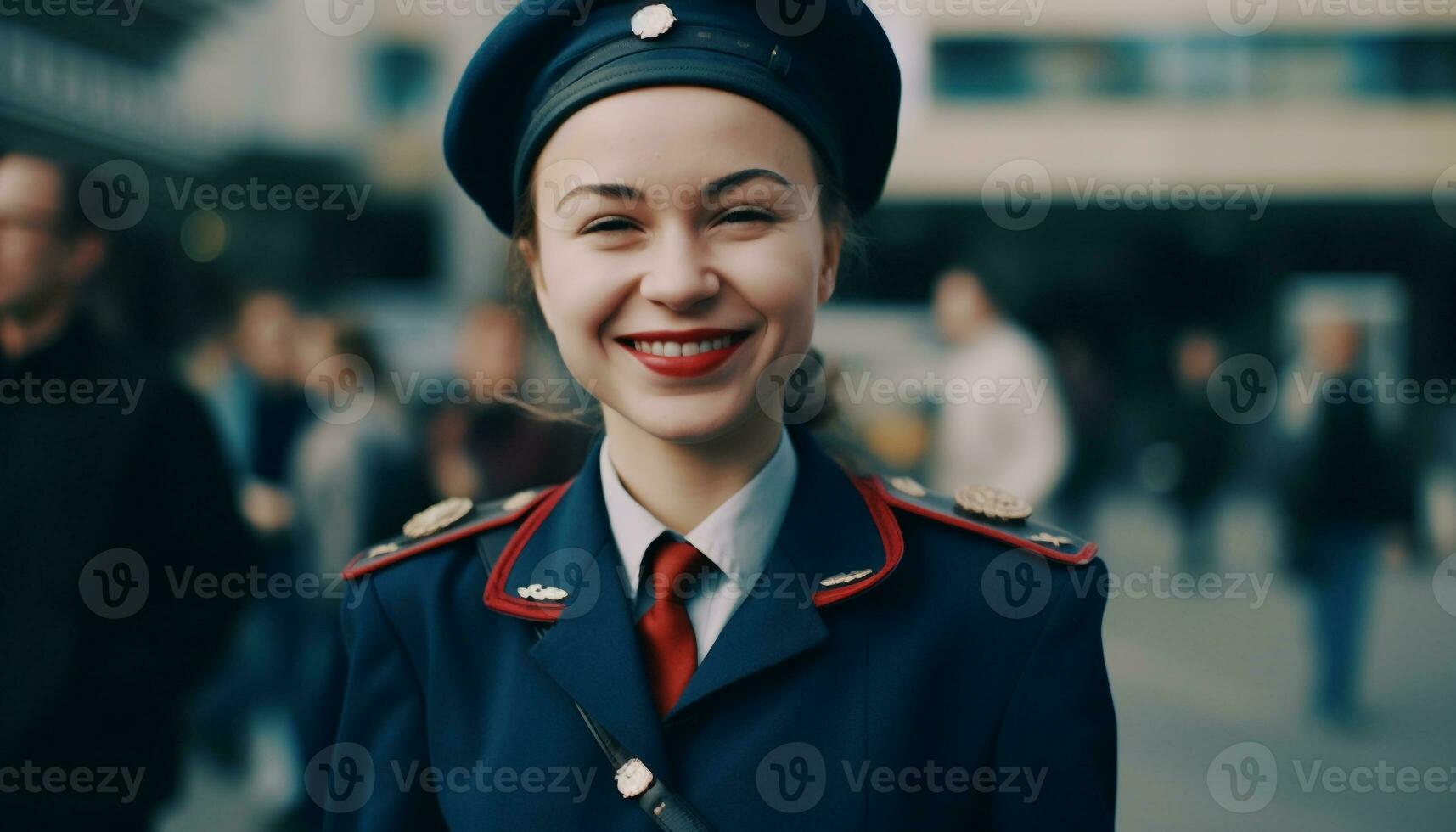 sonriente joven adulto en uniforme en pie al aire libre mirando a cámara generado por ai foto