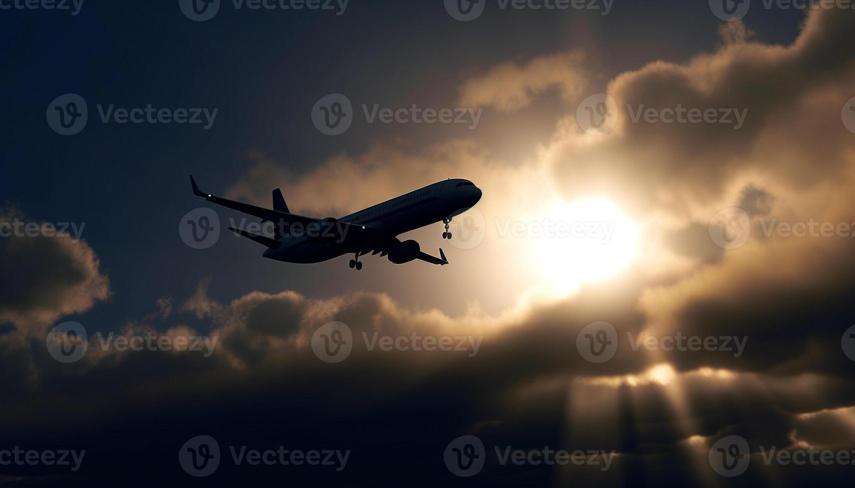 Silhouette of commercial airplane taking off into dramatic sunset sky generated by AI photo