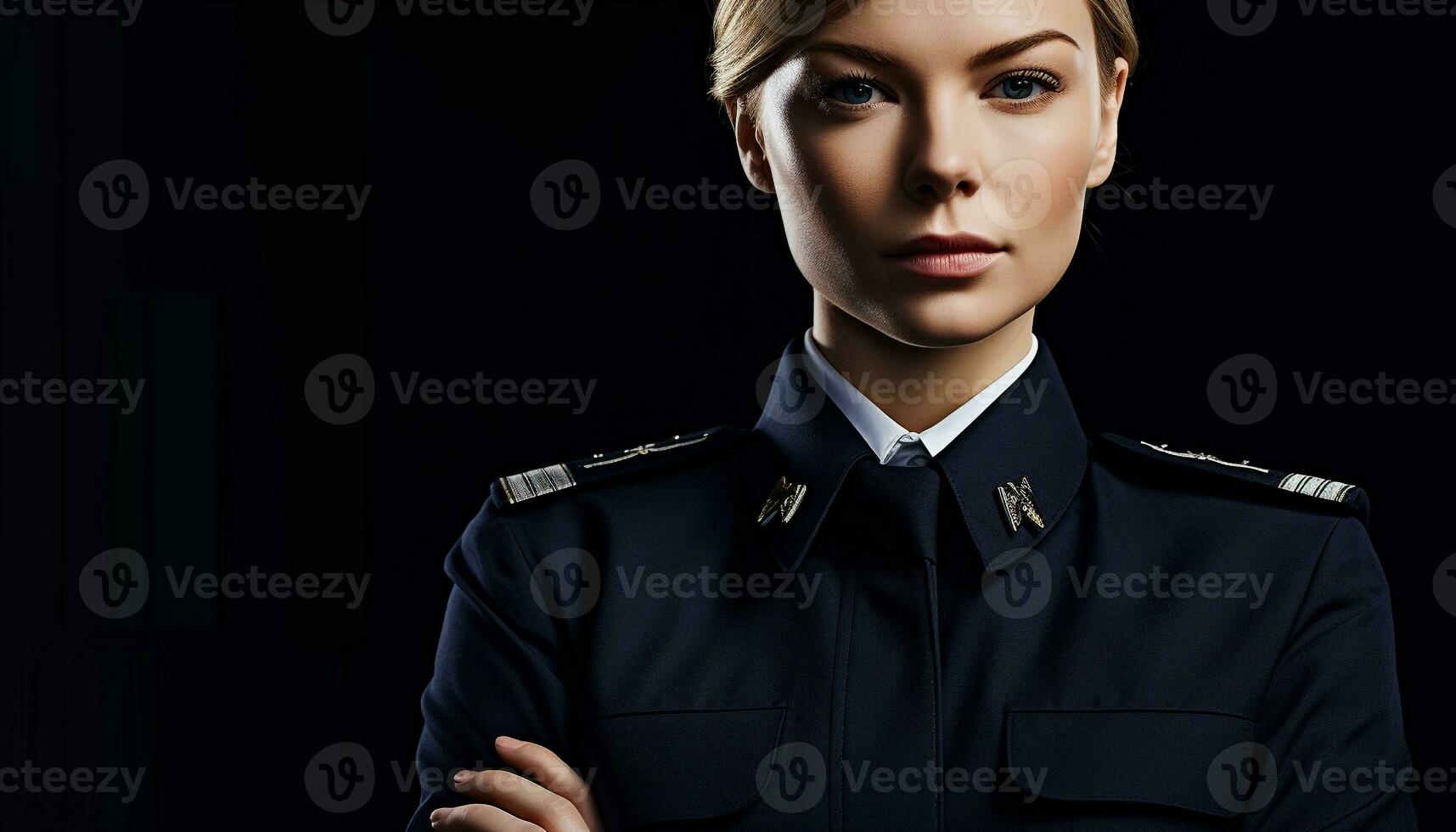 confidente joven adulto mujer en uniforme de pie, mirando a cámara generado por ai foto