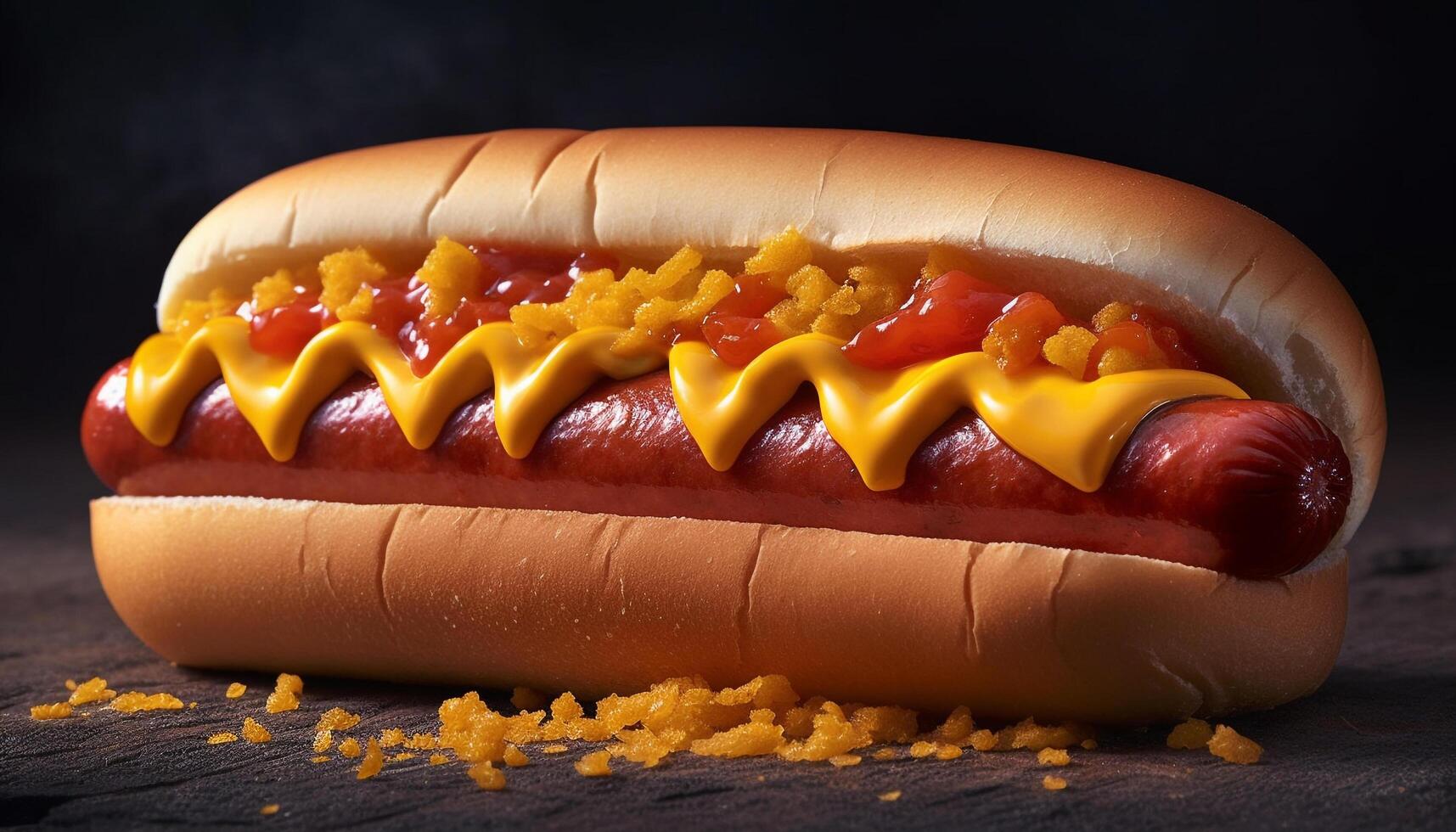 Grilled hot dog on bun with ketchup, onion, and relish generated by AI