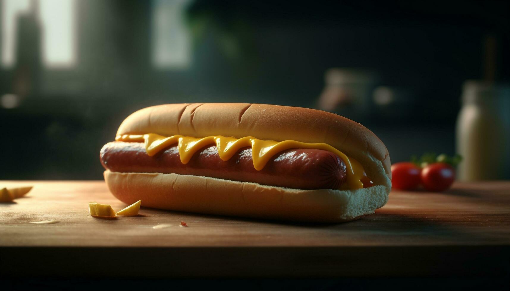 Grilled hot dog on a bun with ketchup, a classic American meal generated by AI photo