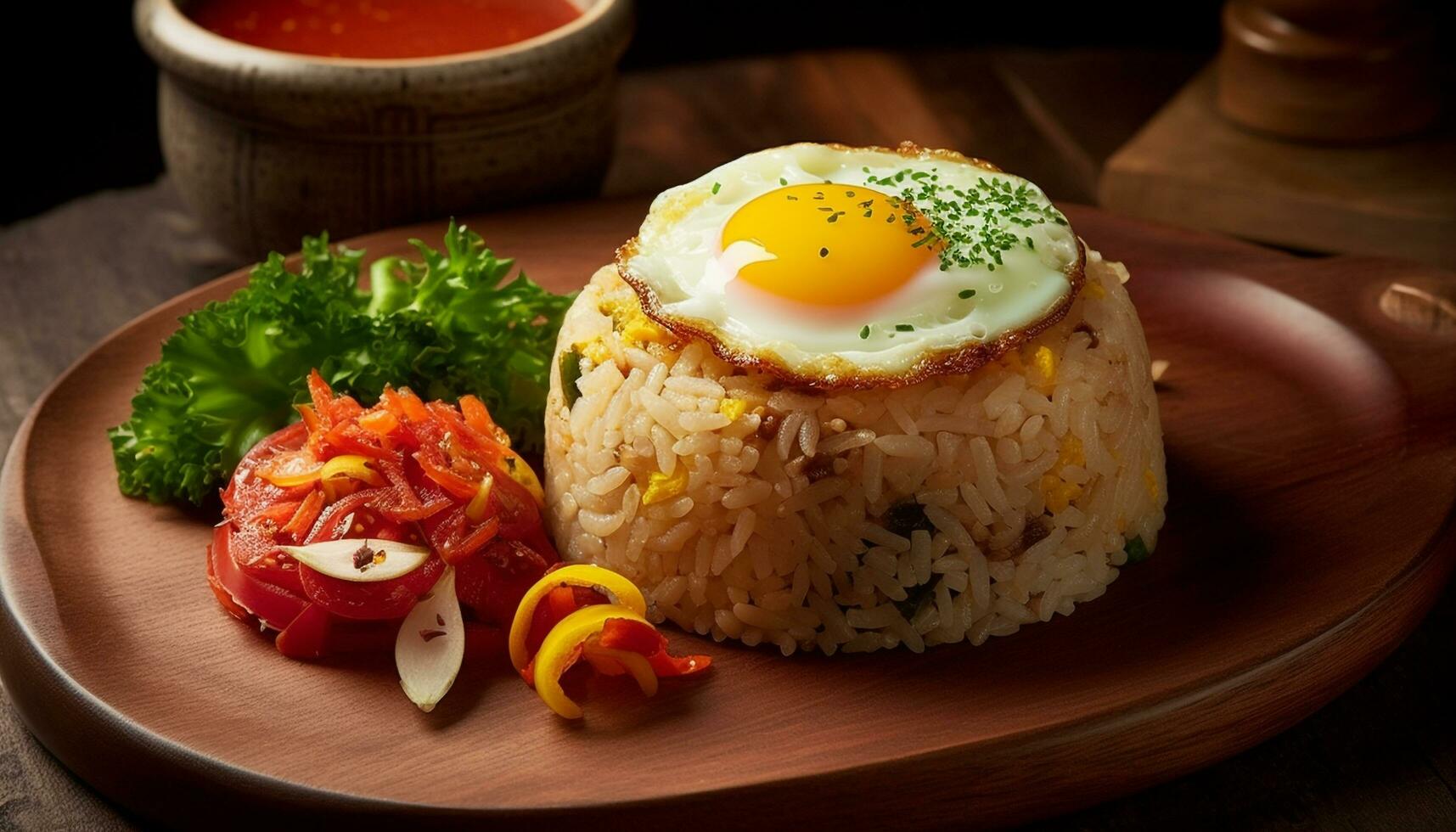 Fresh gourmet meal Grilled pork with basmati rice and vegetable salad generated by AI photo